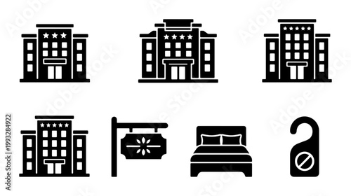 Hotel and hospitality icon set, black solid building symbols, 7 vector elements for travel and accommodation apps, minimalist lodging and resort graphics