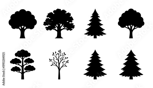 Black tree silhouettes set, 8 forest plant icons on white background, minimalist deciduous and evergreen pine tree vector collection for landscape design