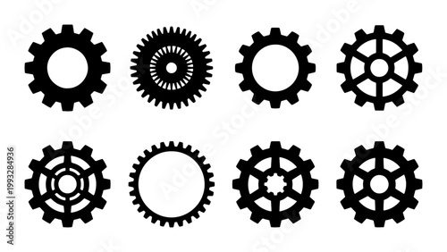 Industrial gear icons set, black mechanical cogwheel silhouettes, 8 vector engine parts for technology and engineering design, machinery equipment symbols