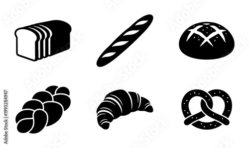 Bakery bread icons set, black silhouette bakery products including baguette and croissant, 6 vector bread elements for cafe menu design