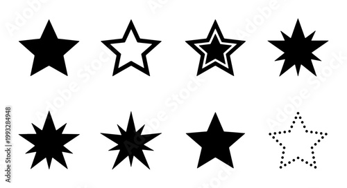 Minimalist black star icons set, collection of 8 geometric star shapes in various styles, flat vector star symbols for rating and ranking systems