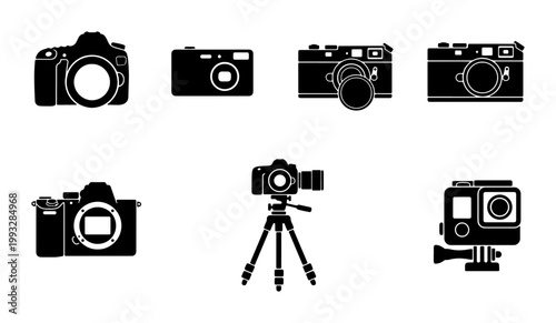 Professional camera icon set, black silhouette photography equipment collection, digital SLR and mirrorless camera vectors, action cam and tripod symbols
