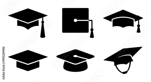Graduation cap icon set, black academic mortarboard vector silhouettes, 6 university student hat symbols for education and commencement ceremony