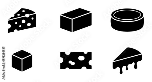 Minimalist cheese icon set, black solid dairy product symbols, 6 vector elements of maasdam wedges and cheddar blocks for restaurant menus