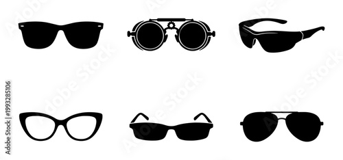Black sunglasses silhouette icons set, 6 vector eyewear styles including aviator and cat eye frames, modern fashion glasses and vintage goggles