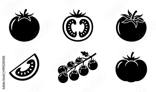 Black tomato icon set with 6 vector elements, minimalist vegetable silhouettes including cherry tomatoes on vine, sliced tomato and whole fruit