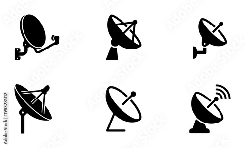 Satellite dish icon set, black parabolic antenna vector collection, telecommunication and broadcast signal equipment, 6 wireless communication symbols