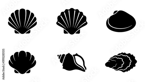Minimalist seashell silhouette icon set, black sea shell vector collection, 6 nautical scallop and oyster symbols for beach branding and summer design