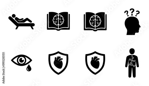 Mental health and psychology icon set, 8 black vector symbols for therapy and medical healthcare, brain and emotional wellness graphics