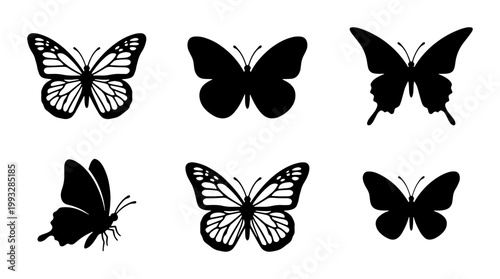 Black butterfly silhouette collection, set of 6 decorative insect vector icons, minimalist monarch and swallowtail butterfly shapes for logo design