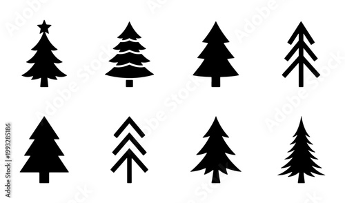 Minimalist Christmas tree silhouettes, set of 8 black pine tree icons, flat vector evergreen forest symbols for holiday greeting cards and winter decor