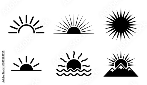 Minimalist sun icons set, black sunrise and sunset vector symbols, 6 linear sunburst elements for logo design and weather interface