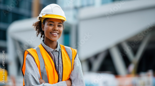 Happy smiling young Black woman construction industry worker standing at a building site, professional female construction employee concept, defocused background, with copy space
