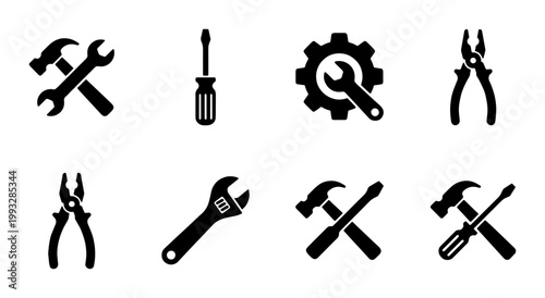 Industrial work tools icon set, black silhouette hardware equipment vectors, 8 repair and construction tool symbols for maintenance and DIY projects