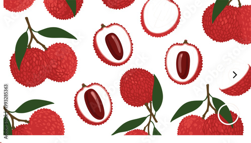 Fresh lychee fruit pattern background with whole and halved litchi berries with seeds and green