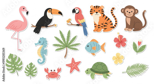 Cute Tropical Animal Vector Set with Flamingo, Toucan, Parrot, Monkey, Turtle and Jungle Clipart