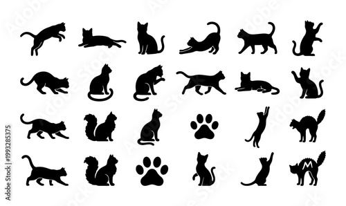 Black cat silhouette collection with 22 feline poses and paw prints, domestic cat vector set, kitten silhouettes in various positions for pet design