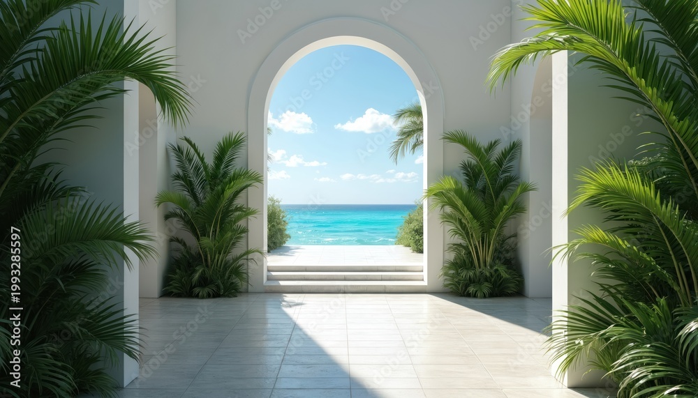 Fototapeta premium White archway frames view of turquoise ocean sea with bright blue sky and clouds. Lush green palm trees line walkway leading to calm water and tropical beach.