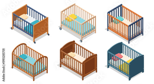 Illustration of six different colored baby cribs with mattresses on a white background