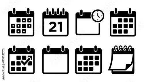 Minimalist calendar icon set, black flat vector schedule symbols, 8 organizer and planning elements for business interface design
