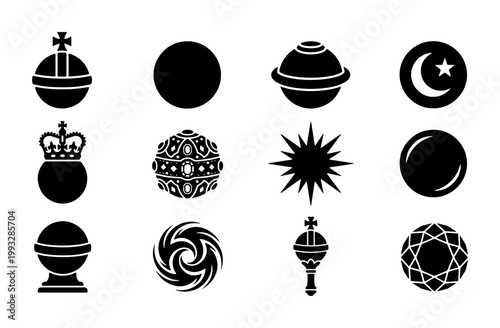 Sovereign orb and celestial icons set, 12 black silhouette royal regalia and astronomical symbols, decorative crown and star vector elements