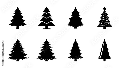 Minimalist Christmas tree silhouettes, set of 8 black pine tree vector icons, festive evergreen fir tree symbols for winter holiday design