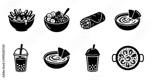Minimalist black food icon set, 8 vector meal illustrations including burrito and smoothie, modern restaurant menu graphics, flat takeout food symbols