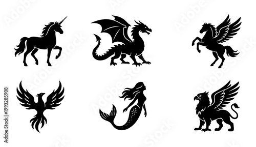 Mythical creatures black silhouette icons, fantasy monster vector set of 6 elements, dragon unicorn and mermaid heraldic symbols for logo design