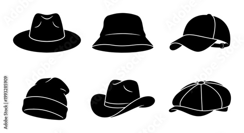 Minimalist black hat silhouette icons, set of 6 headwear vector illustrations, classic fashion headwear collection including fedora, baseball cap, and beanie