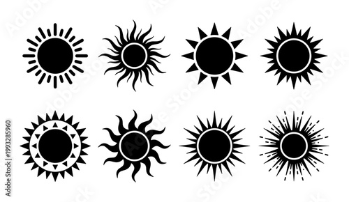 Minimalist sun icon set, black celestial sunburst silhouettes, collection of 8 graphic sun symbols, decorative weather and solar vector elements