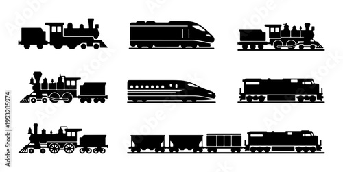 Vintage steam locomotive and modern high-speed train silhouettes, 8 railway transport vector icons, black freight and passenger train collection