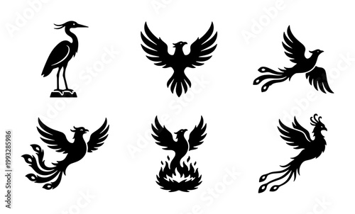 Mythical phoenix bird silhouettes set, black eagle and heron icons, 6 vector graphic elements for logo design and heraldry