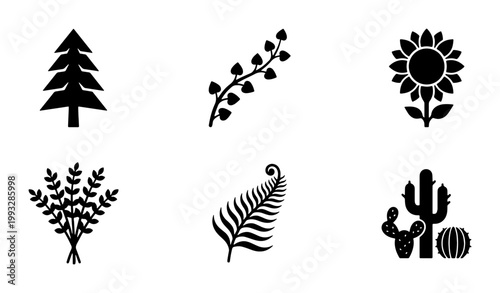 Minimalist nature icons set, black silhouette plant symbols, collection of 6 botanical vector elements including pine tree, cactus, and sunflower