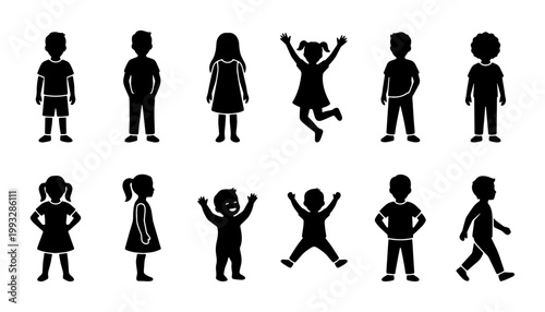 Children silhouettes collection, set of 12 black vector icons of kids and toddlers, diverse young boy and girl figures in various poses