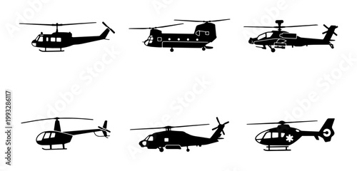 Military and civilian helicopter silhouettes set, black aircraft vector icons collection, 6 rotary wing aviation transport symbols for infographics