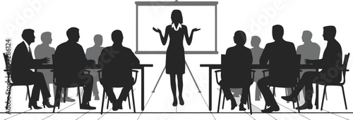 A group of business professionals sitting around tables while one woman presents in front of a screen