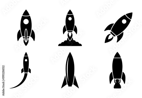 Rocket launch icon set, black spaceship vector silhouettes, 6 startup business symbols, minimalist spacecraft illustrations for web design