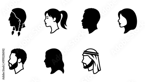 Diverse human profile silhouettes set, 7 multicultural people head icons, black and white ethnic avatar collection, side view portrait vector graphics