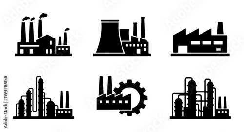 Industrial factory icon set, black silhouette manufacturing plant symbols, 6 vector building illustrations for production and energy industry
