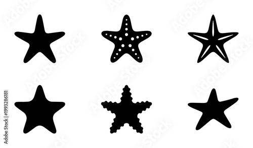 Starfish silhouette vector icons set, black sea star marine life illustrations, 6 nautical beach elements for summer vacation design and ocean logos