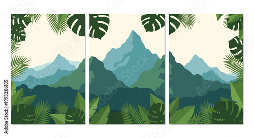 Stunning vector illustration of layered mountain peaks framed by abundant tropical monstera and palm leaves.