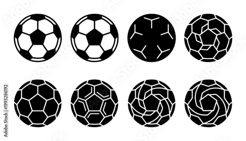 Soccer ball icon set, collection of 8 black and white football vector symbols, geometric sports equipment illustrations for tournament branding and apps