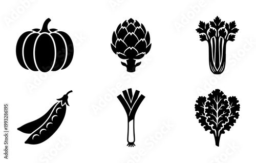 Minimalist black vegetable icons set, 6 organic food vector silhouettes, pumpkin artichoke celery peas leek and kale symbols for healthy menu design