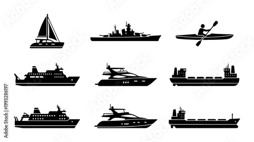 Nautical vessel silhouettes set, black ship and boat icons, maritime transportation collection, watercraft vector elements for logistics and travel