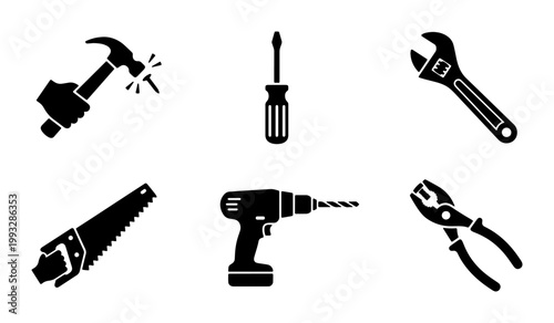 Industrial construction tool icons set, black silhouette hardware equipment, 6 vector elements for carpentry and home repair projects