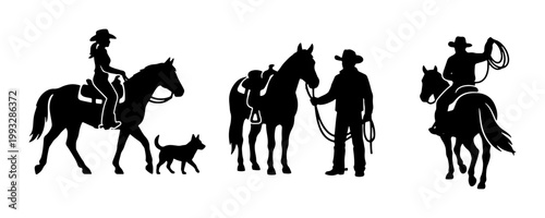 Cowboy and cowgirl silhouette set, western horse riders with lasso and ranch dog, black equestrian vector icons for rustic country design