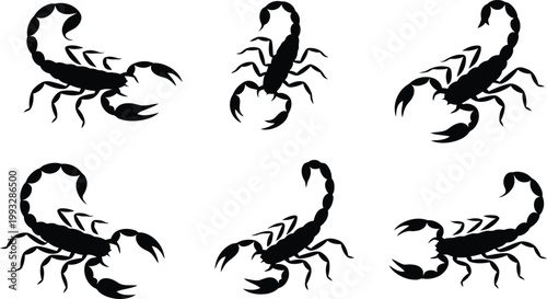 A group of six black scorpion silhouettes with tails curled and pincers raised on a stark white surface