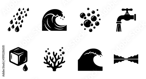 Minimalist water icons set, black aquatic symbols including waves and rain drops, 8 vector elements for plumbing and environment design