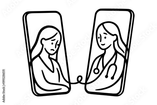 Sad woman and doctor on phones in simple line style on white background, concept of online mental support and emotional intelligence