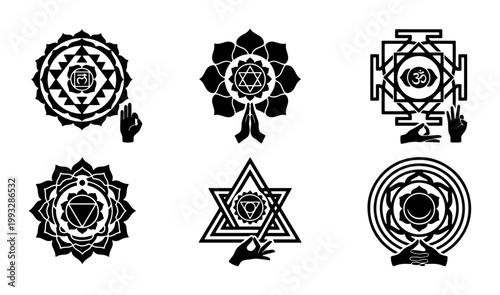 Sacred geometry chakra symbols set, spiritual mandala icons with mudra hands, black esoteric yoga vector elements for meditation and wellness